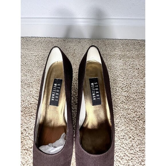 Stuart Weitzman Choc Brown Fabric Round Square Toe Curved Block Heel Pumps. 7M - Picture 7 of 11